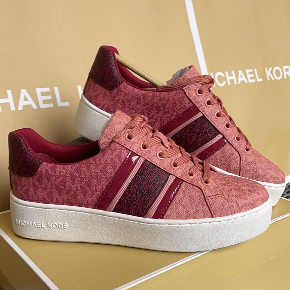 Michael Kors Poppy Stripe Lace Up MK Signature SM 49F1POFS2B Berry Multi WMNS - Picture 9 of 16